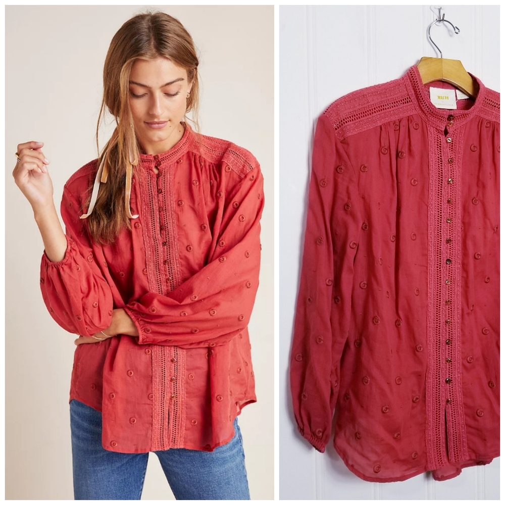 Anthropologie Maeve Blouse XS Auguste Embroidered Crochet Boho Puff Sleeve Rust